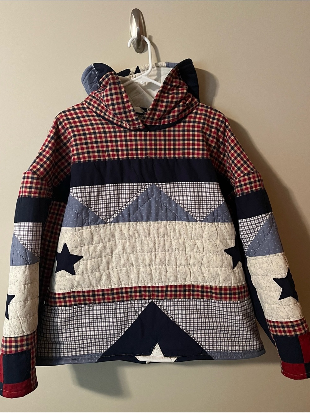 Upcycled Quilted Hoodie Pullover - Americana Red, Navy & White -